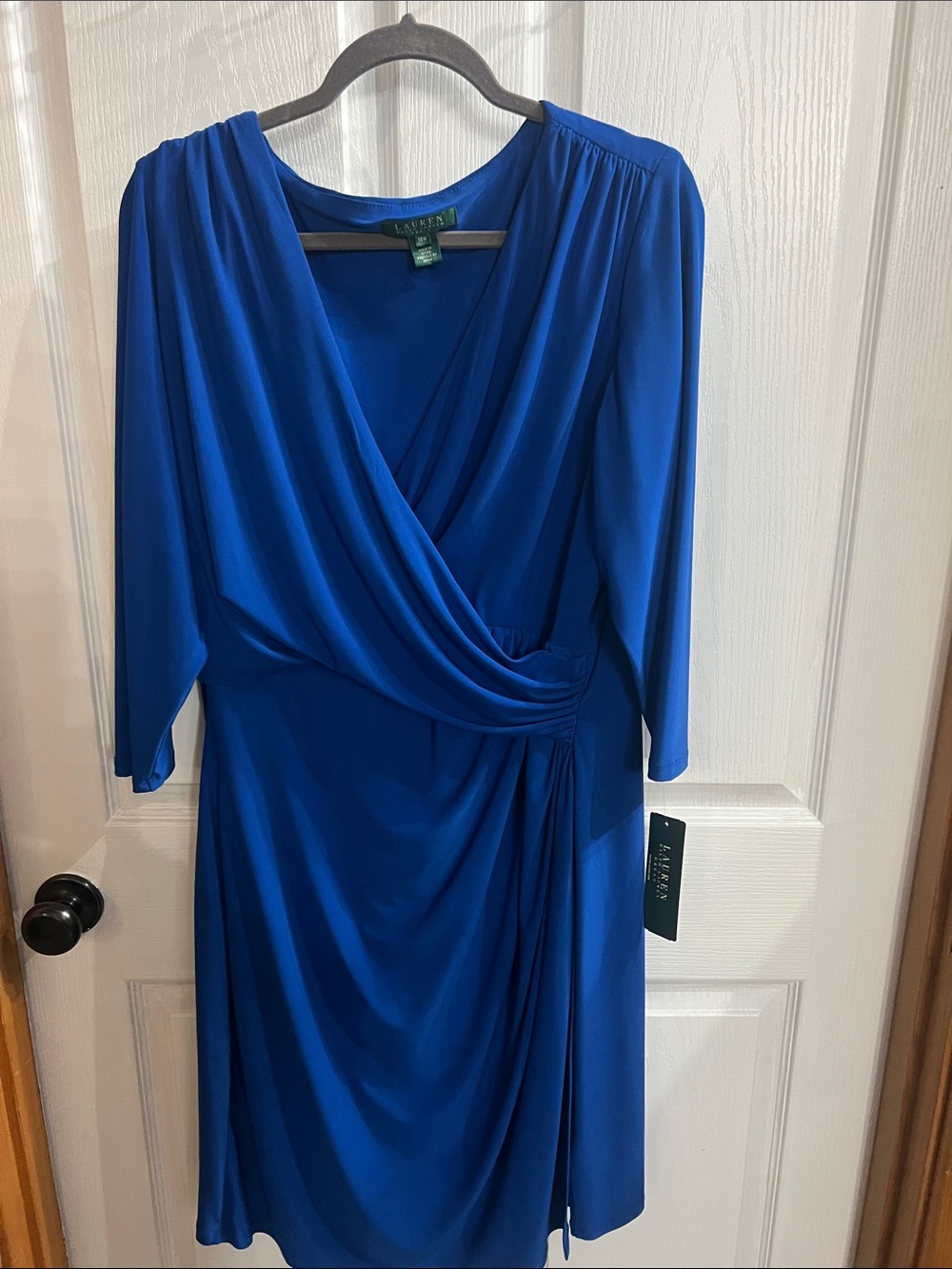 Lauren Ralph Lauren Cobalt Blue Faux-Wrap Long Sleeve Dress
